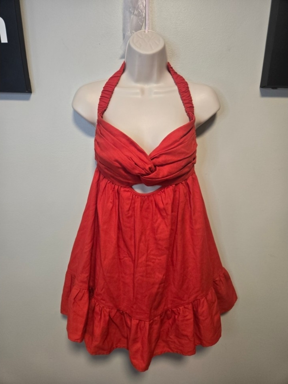 Cotton Candy Red Halter Mini Dress with Twist Bodice